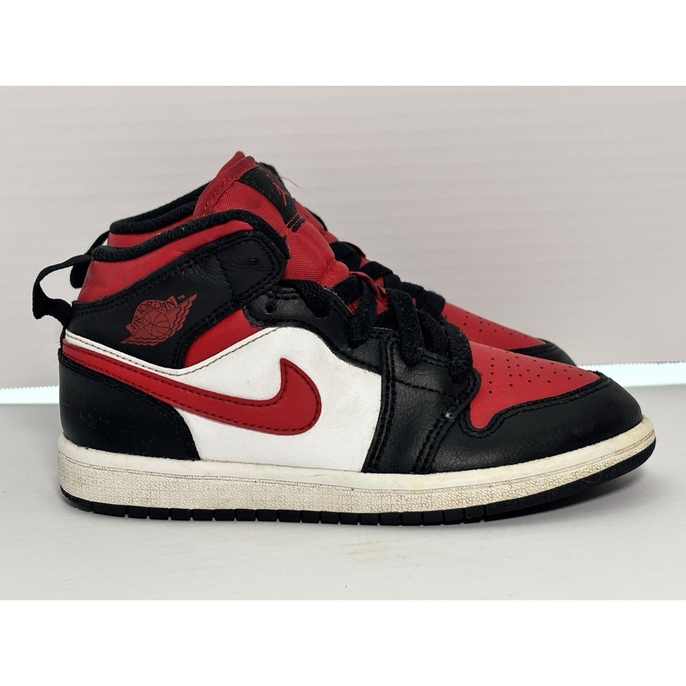 Air Jordan 1 Mid Bred‎ Toe 640734-079 Kids 13C Black Red White Sneakers